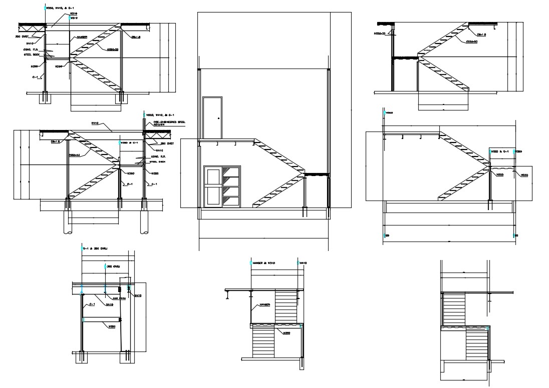 2D CAD File Structure Design Of Stairs Plan Section AutoCAD File 
