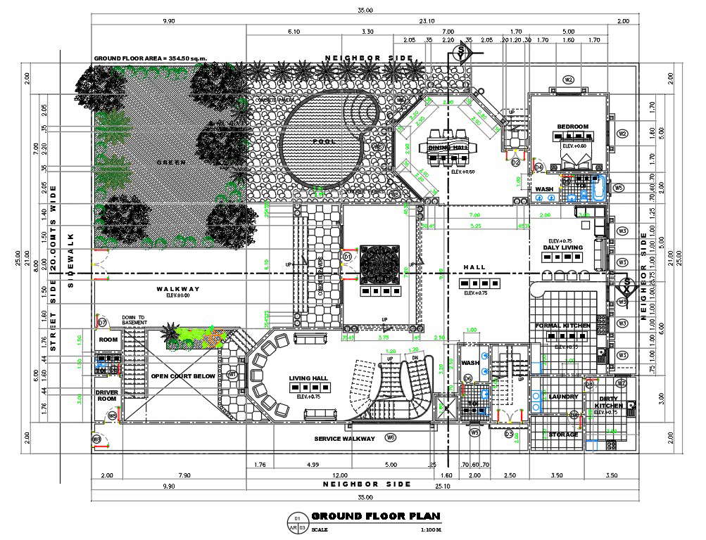  2D Autocad DWG drawing file has the ground floor plan of the two storey residential building plan. Download the autocad DWG file.