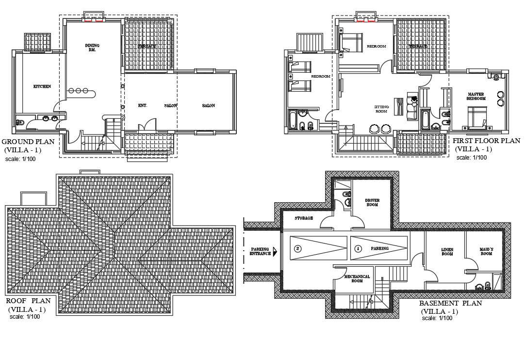 2 D Cad drawing file having the villa floor plan.Download the AutoCAD 2D DWG file.