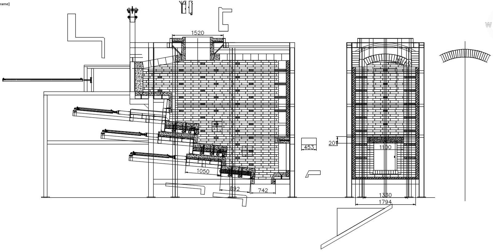 2D design of arrangement of first chamber in incinerator plant in AutoCAD drawing, CAD file, dwg file