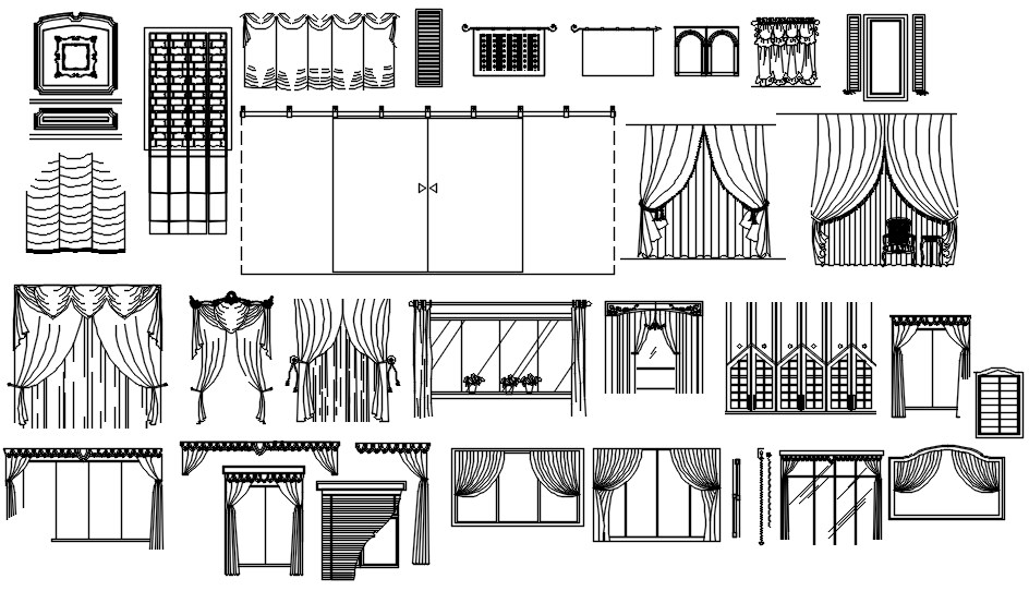 2D design of various pattern of curtains CAD blocks in AutoCAD drawing, CAD file, dwg file