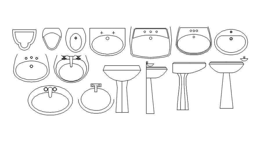 2D designs of various washbasin CAD blocks in AutoCAD drawing, CAD file, dwg file