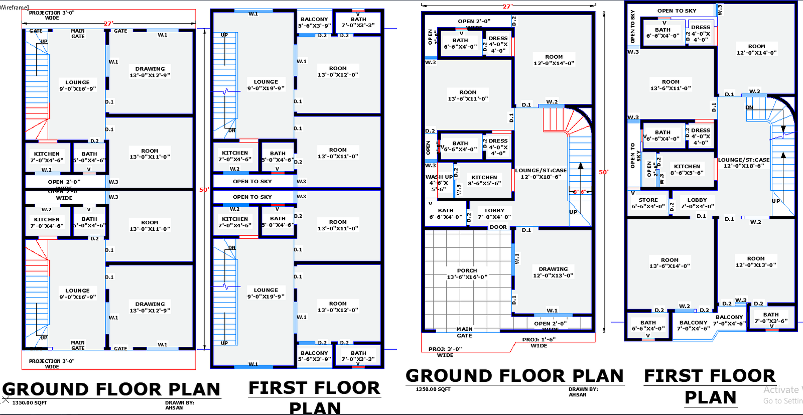 Two Different Residential House Plans 27x50 Each in DWG Format