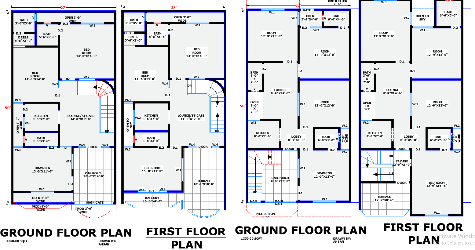 Two Different Residential House Plans for 27'x50' Plot DWG File