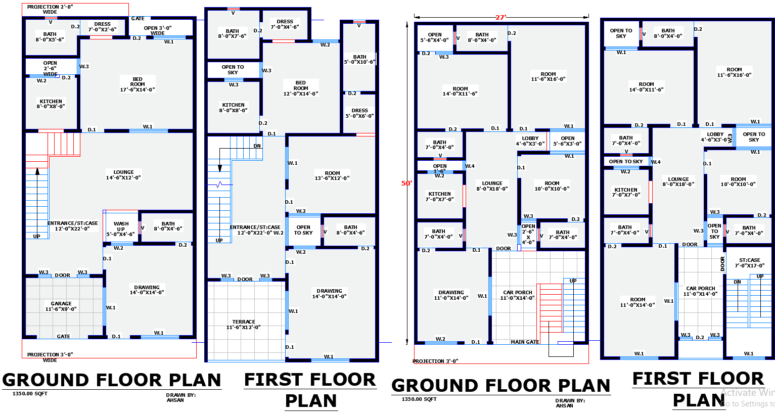 Two Residential House Plans for 27x50 Plot in DWG Format