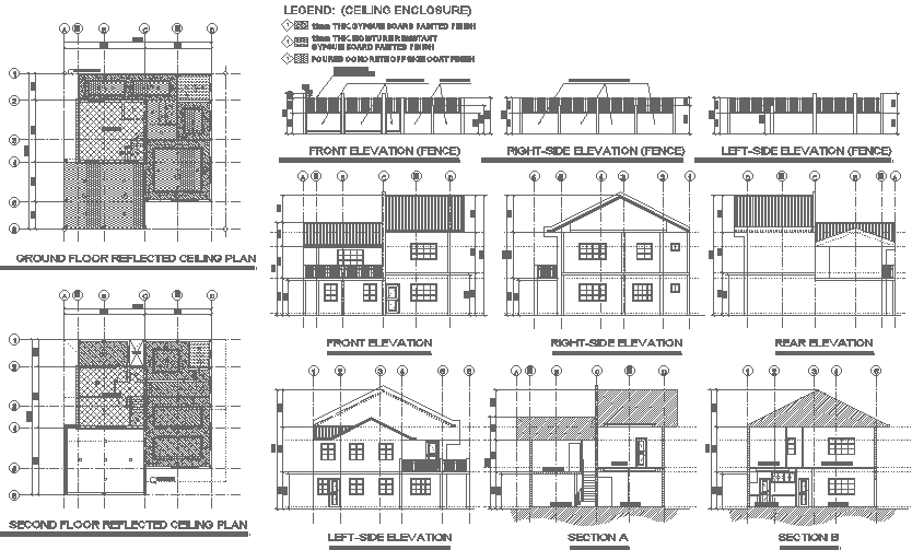 2 STOREY RESIDENTIAL ELEVATION ,CEILING, SECTION AND FENCE DETAIL AUTOCAD DWG DRAWING .        