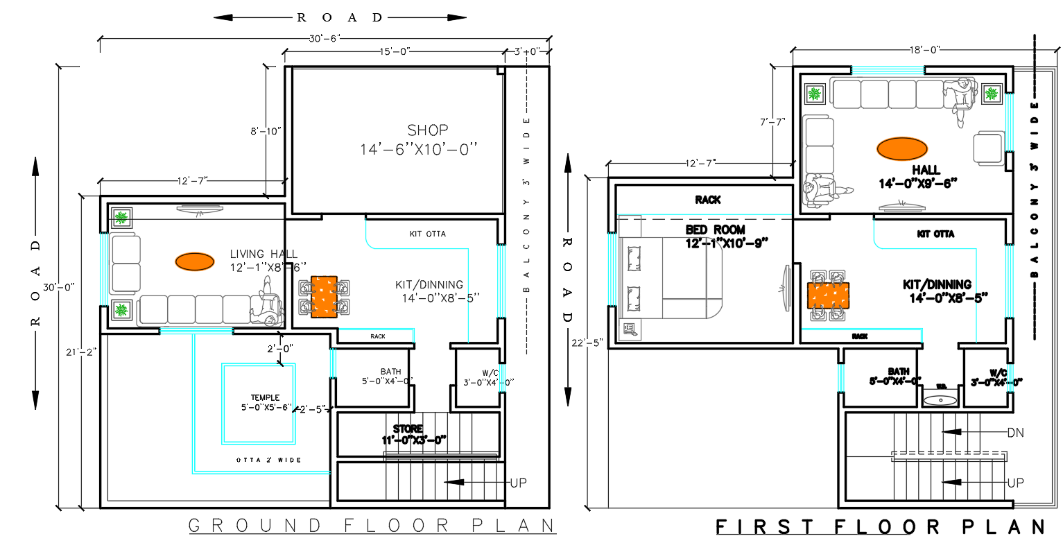 2 Storey Plan DWG Design with Shop Temple and Balcony CAD File