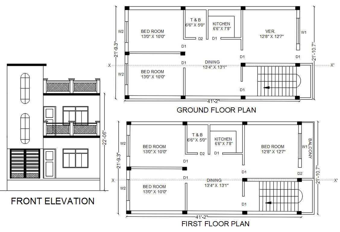 2 Storey House Plan With Front Elevation design AutoCAD File