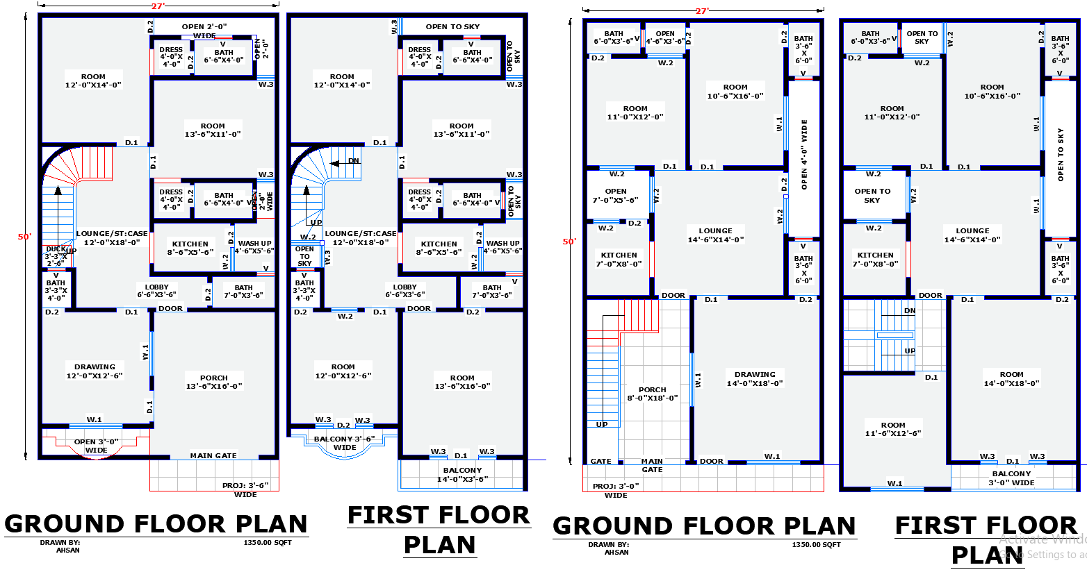 Two Unique Residential House Plans for 27x50 Plot DWG File
