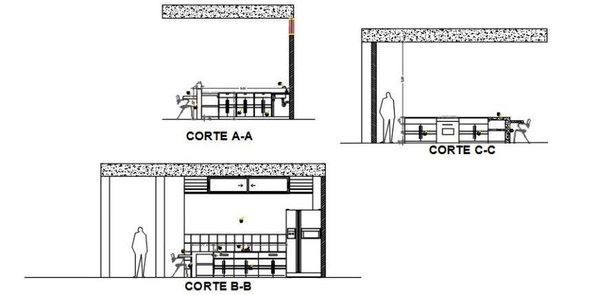 2 d cad drawing of three section kitchen auto-cad software
