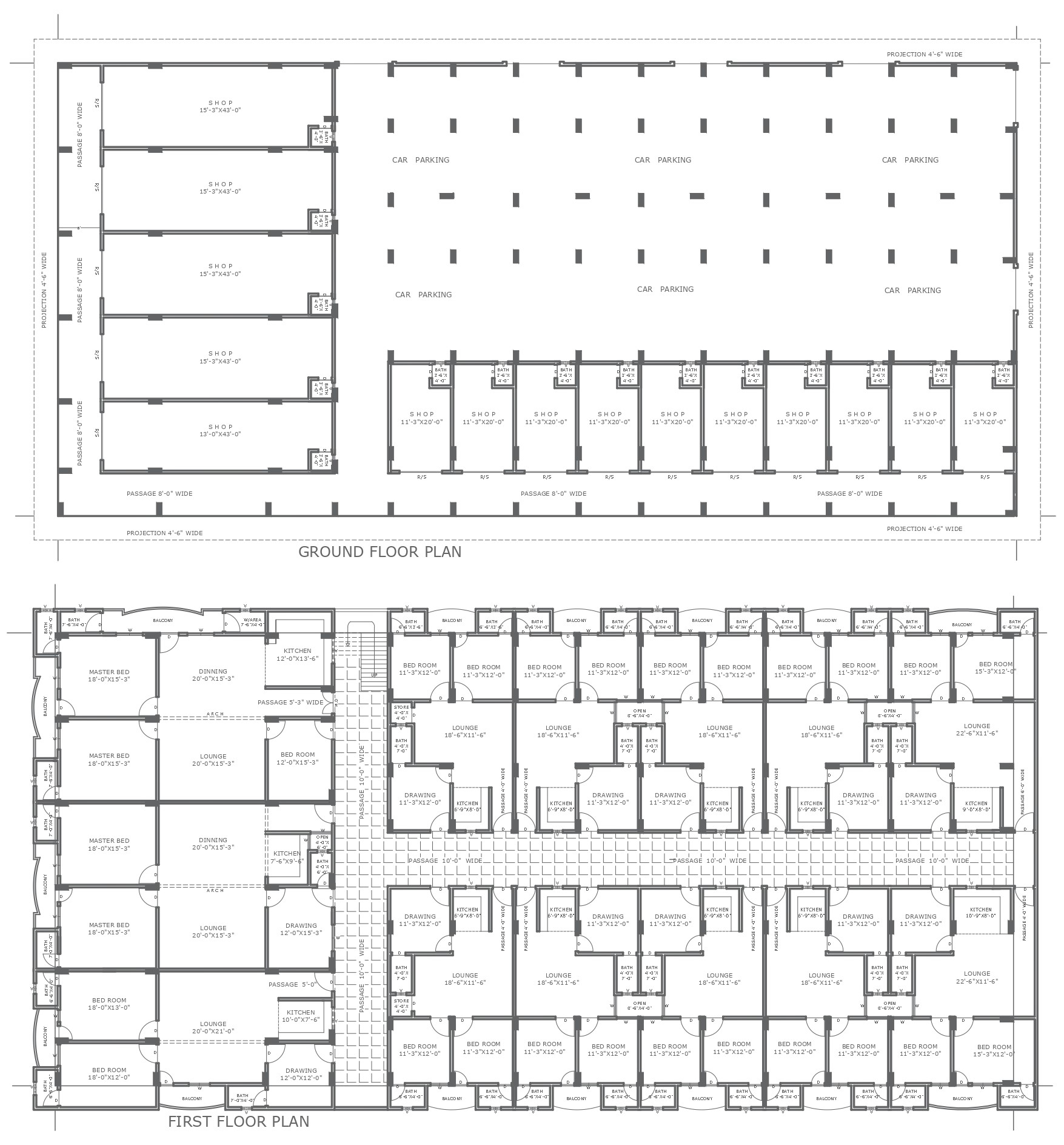 2bhk apartment design with 10ft wide passage detailed plan with shops layout on ground floor detail DWG AutoCAD drawing