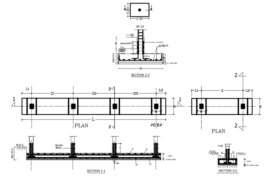 2d cad drawing of section and plan autocad software