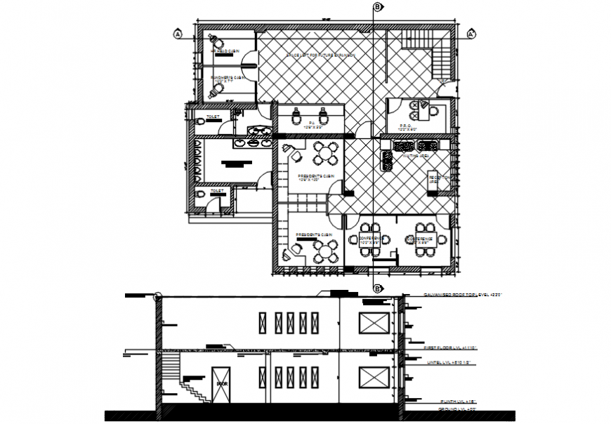 2d elevation of a office and top view layout plan