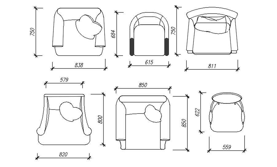 2D Plan View of Sofa Chairs CAD Blocks in DWG Format