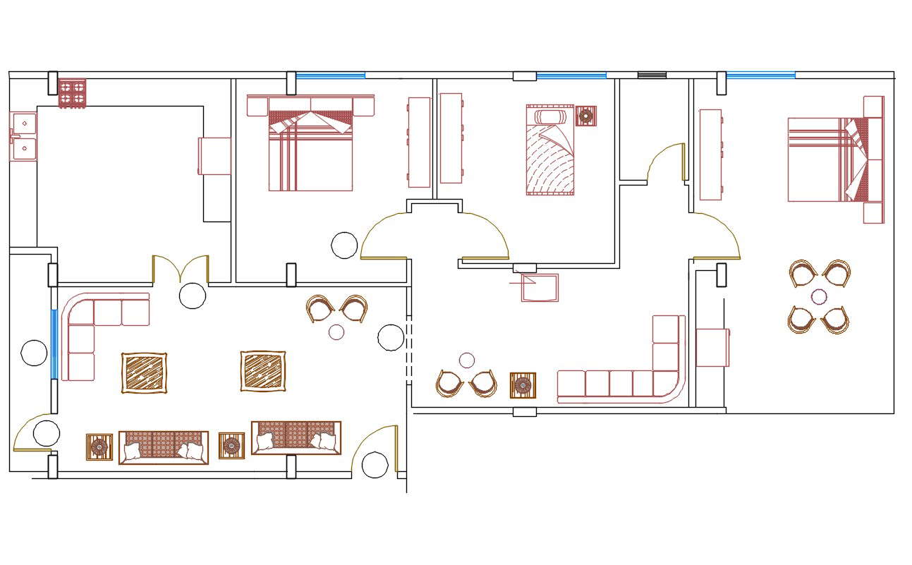 3 BHK Apartment Unit House Furniture Plan