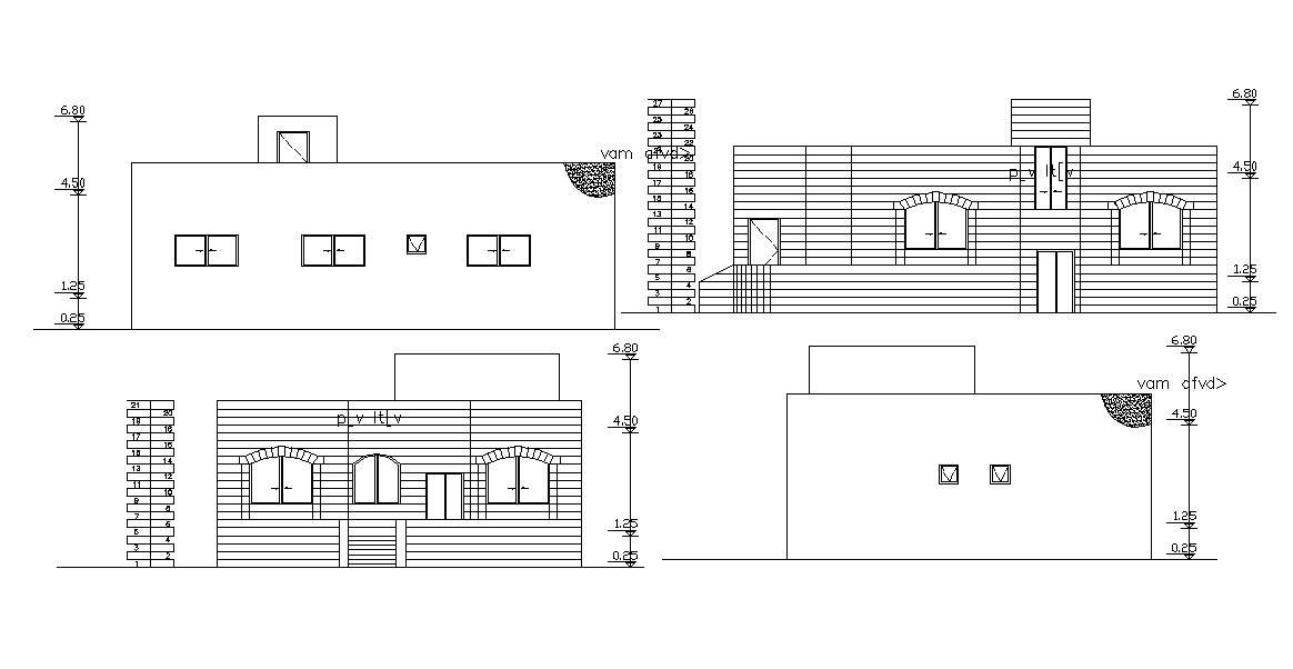 3 BHK House Building Elevation Design CAD Drawing