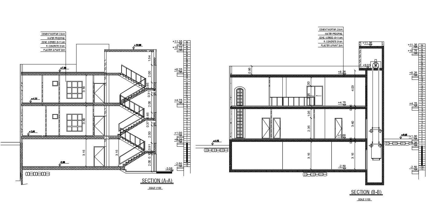 3 Storey House Building Section Drawing DWG File