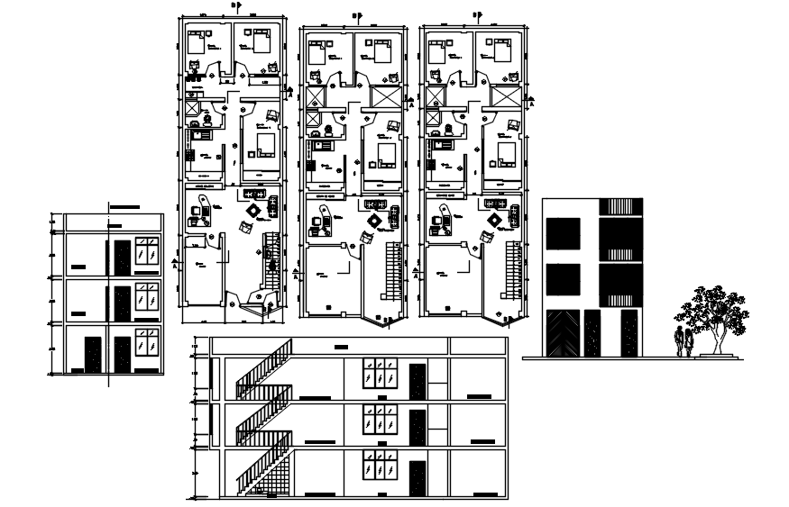 3 storey apartment with elevation and section in dwg file