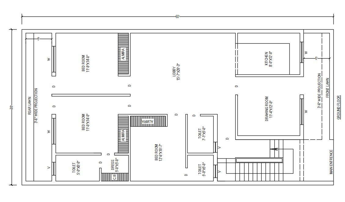 30' X 60' Feet house ground Floor Plan DWG file