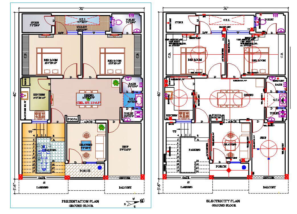 30X40 House Plan With Electrical Layout Drawing DWG File