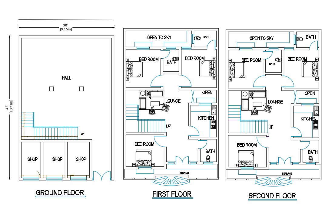 30'X45' AutoCAD House Plan Drawing Download DWG File