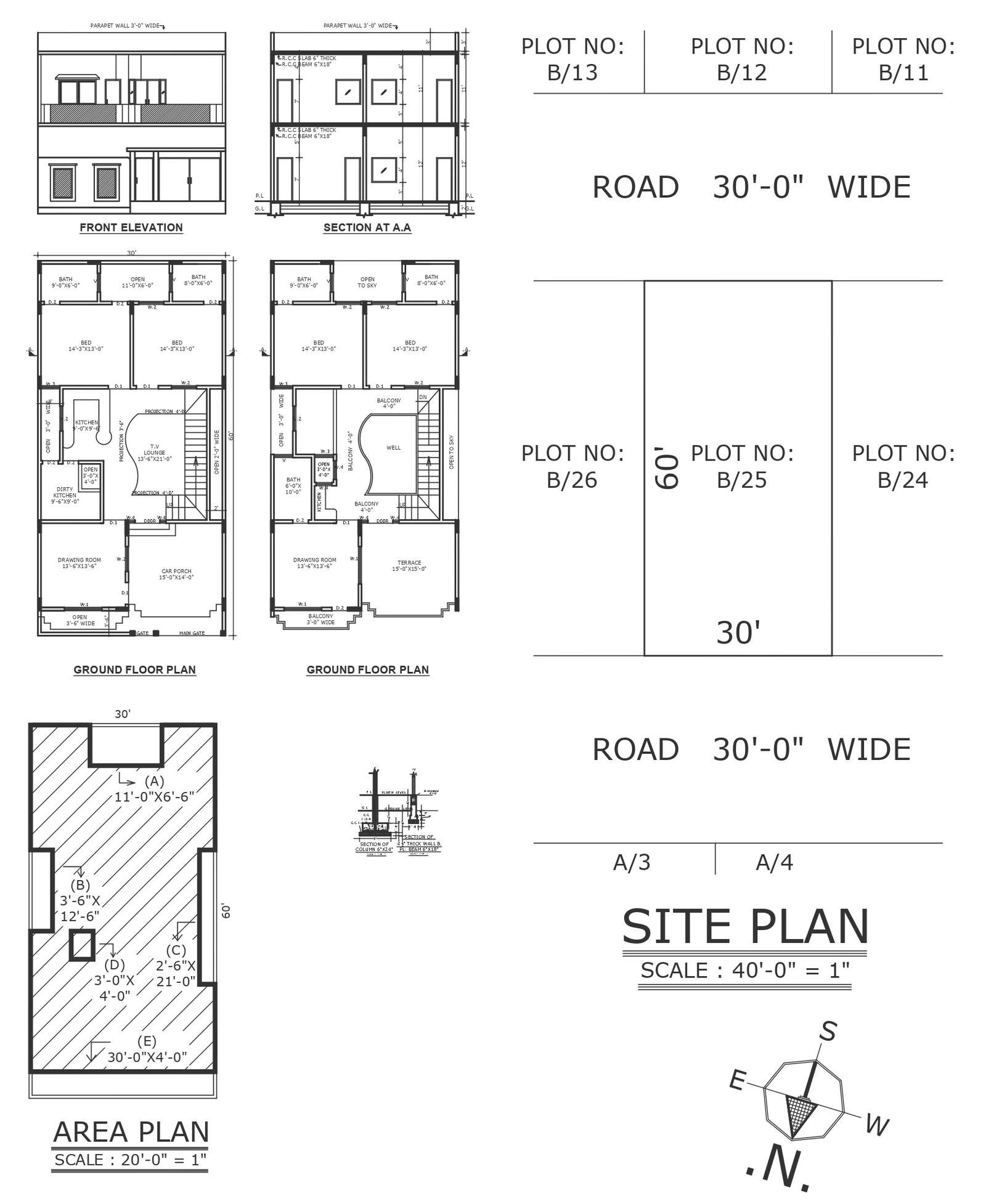 30 feet by 60 feet plot size and house plan on it with elevation section and other details dwg autocad drawing .