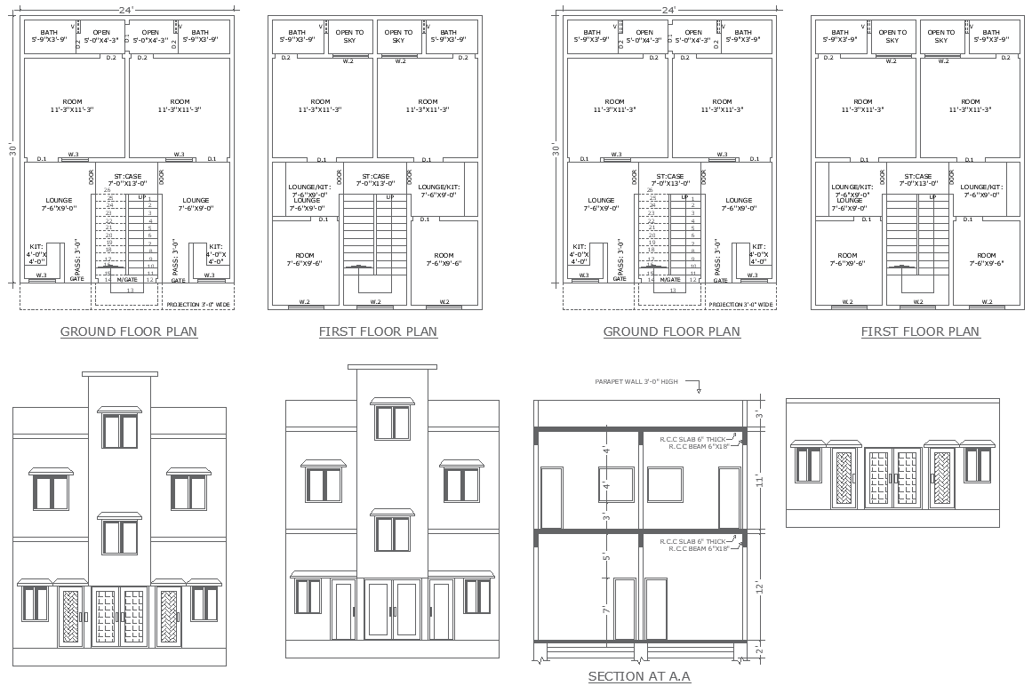 30ft X 24ft two storey house plan with elevation and section detail DWG AutoCAD drawing