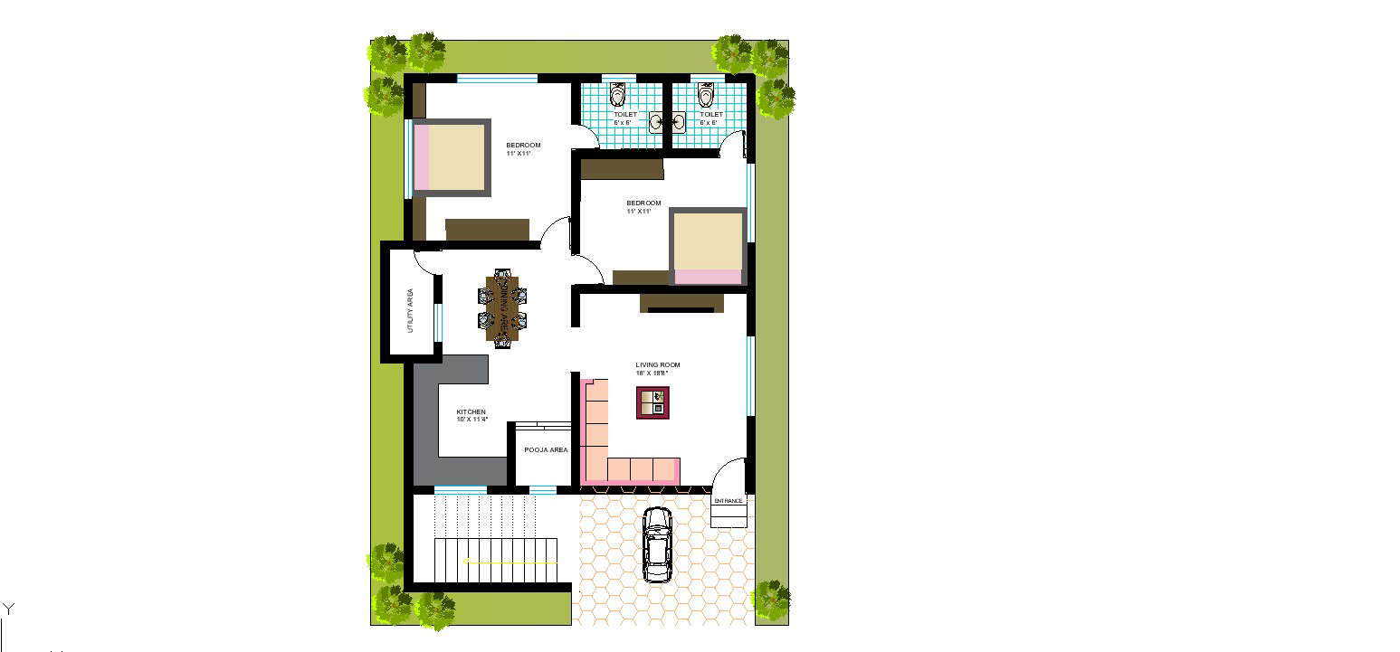  30 ft x 50 ft 2 BHK Modern House Plan Interior AutoCAD Drawing