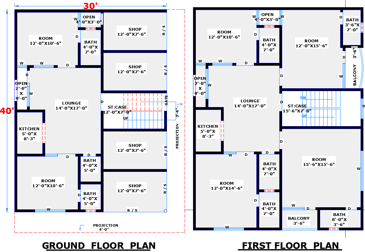 DWG Drawing of 30x40 Commercial and Residential House