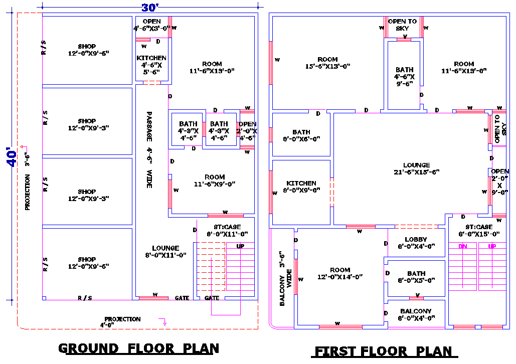 30'x40' Residential & Commercial House Plan DWG Design