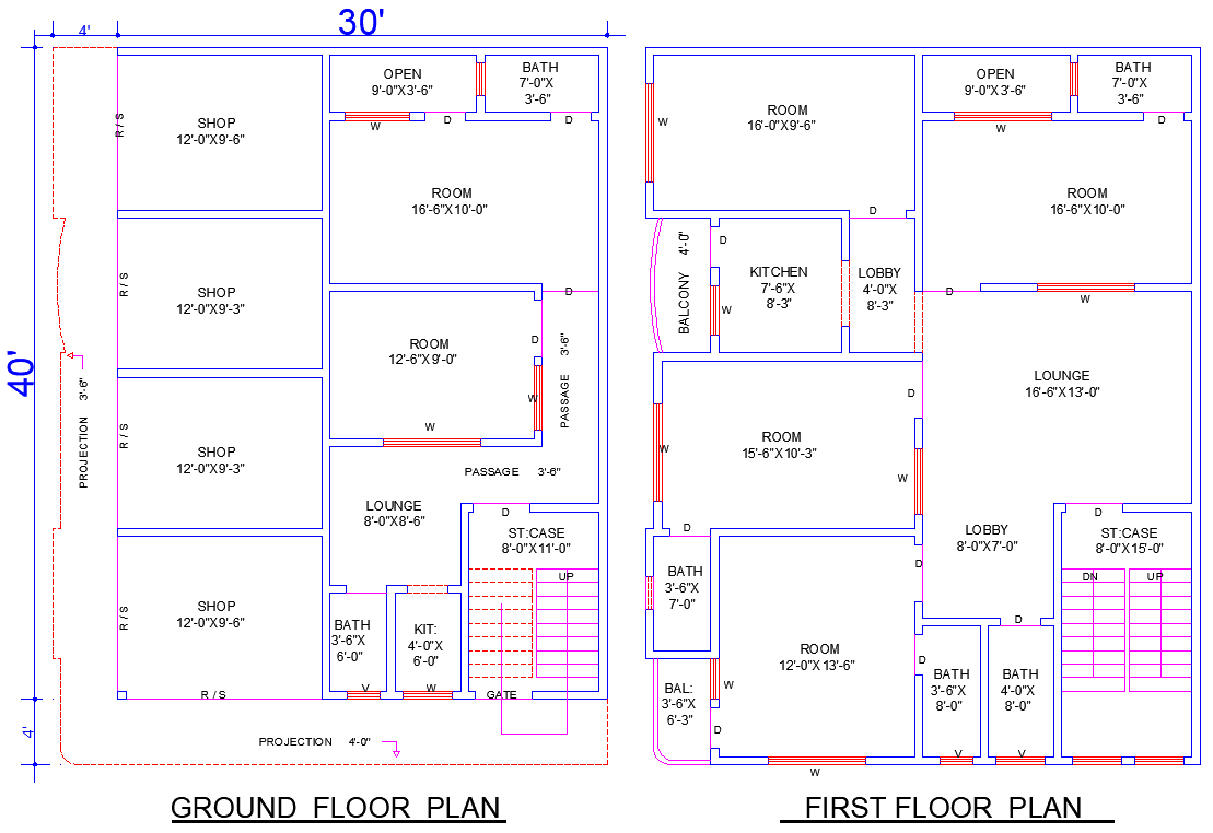 30'x40' House Layout DWG with 6 Bedrooms, Shops & Balconies