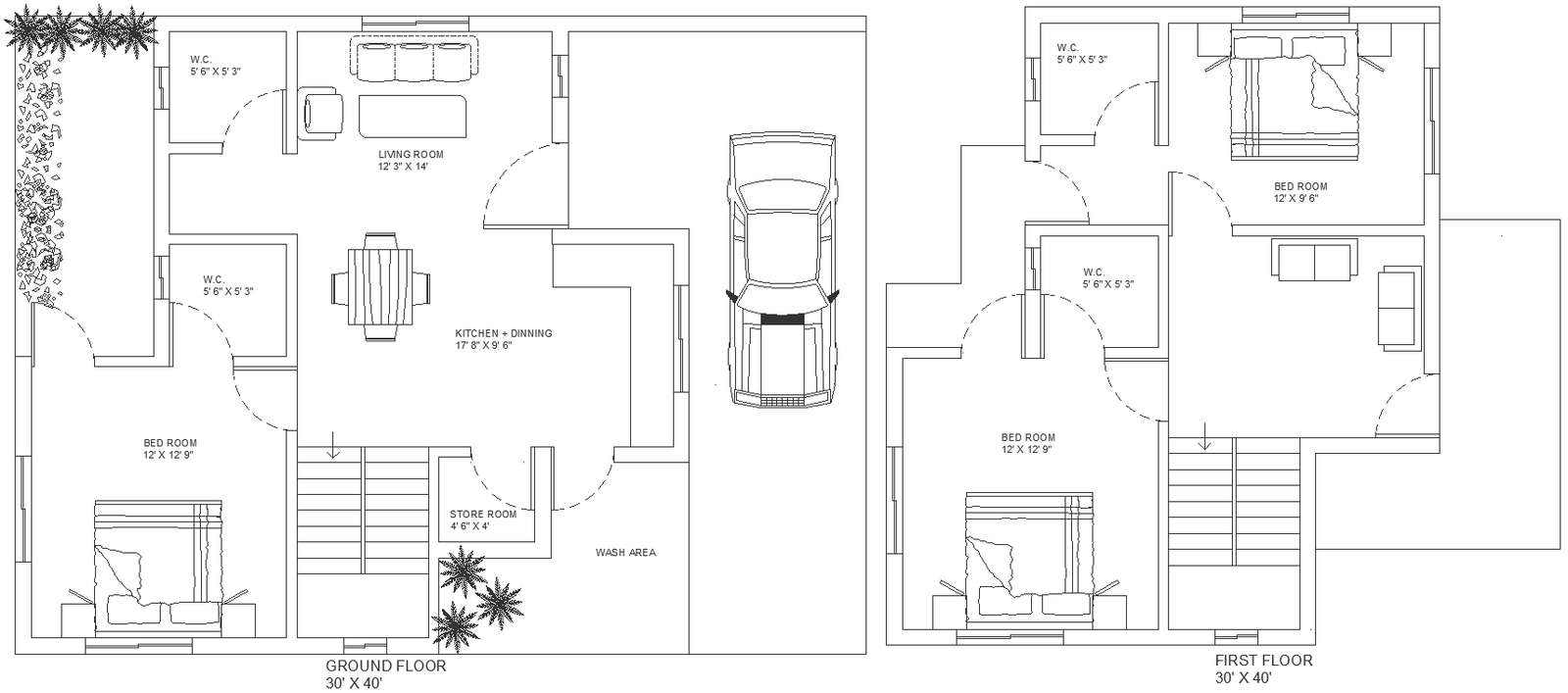 30x40 ft morden house design ground floor and first floor detailed plan with furniture DWG autoCAD drawing