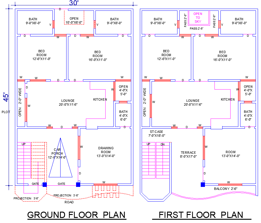 30'x45' Residential House Plan with 5 Bedrooms and Parking