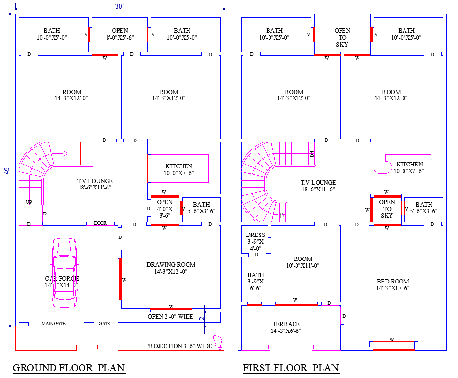 30'x45' House Plan with 6 Bedrooms, Terrace & Parking