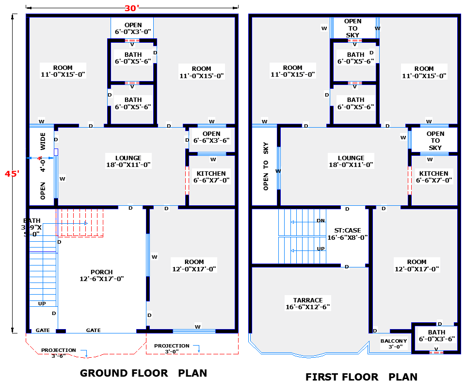 Modern 30x45 Two Storey House Plan in AutoCAD File
