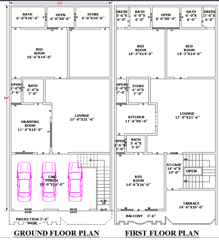 30'x60' Single Storey House Plan in DWG for AutoCAD Format