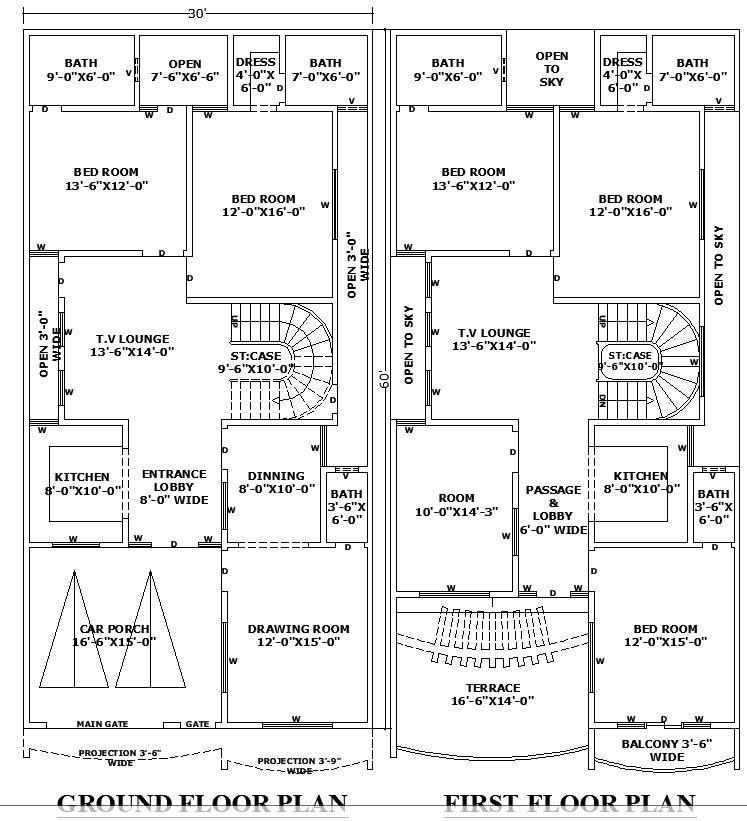 30'x60' Residential Architectural Layout Plan in DWG File