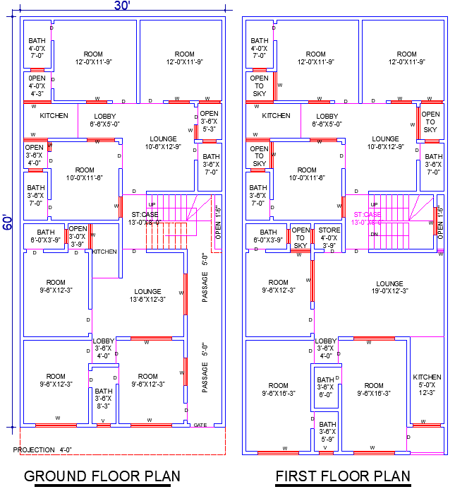 30'x60' House Plan DWG with 12 Bedrooms and 4 Lounges