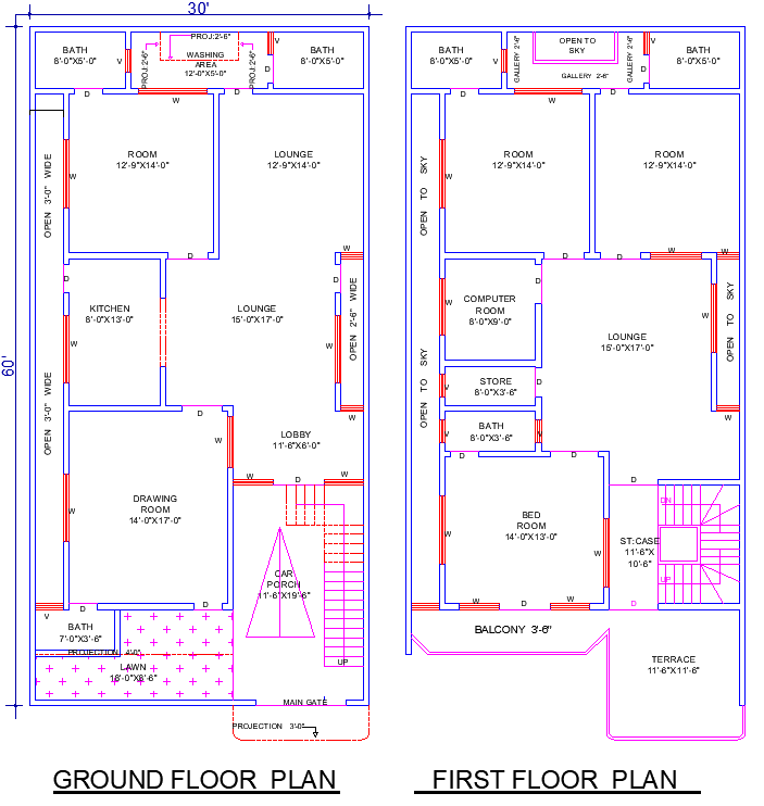 30'x60' House Plan DWG with 4 Bedrooms and Balcony Layout