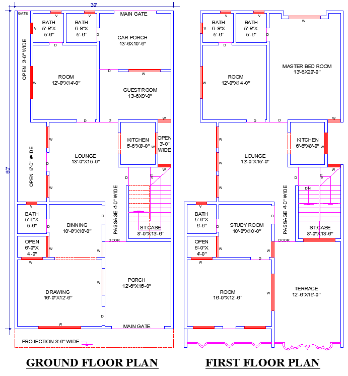 30'x60' House Plan DWG with 5 Bedrooms and Study Room