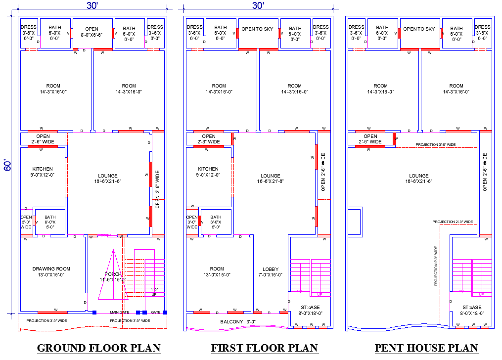 30'x60' House Plan DWG with 7 Bedrooms and 4 Lounges Design