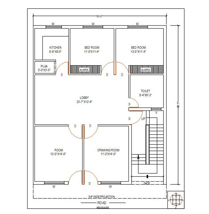 33 X 40 Feet house ground Floor Plan DWG file