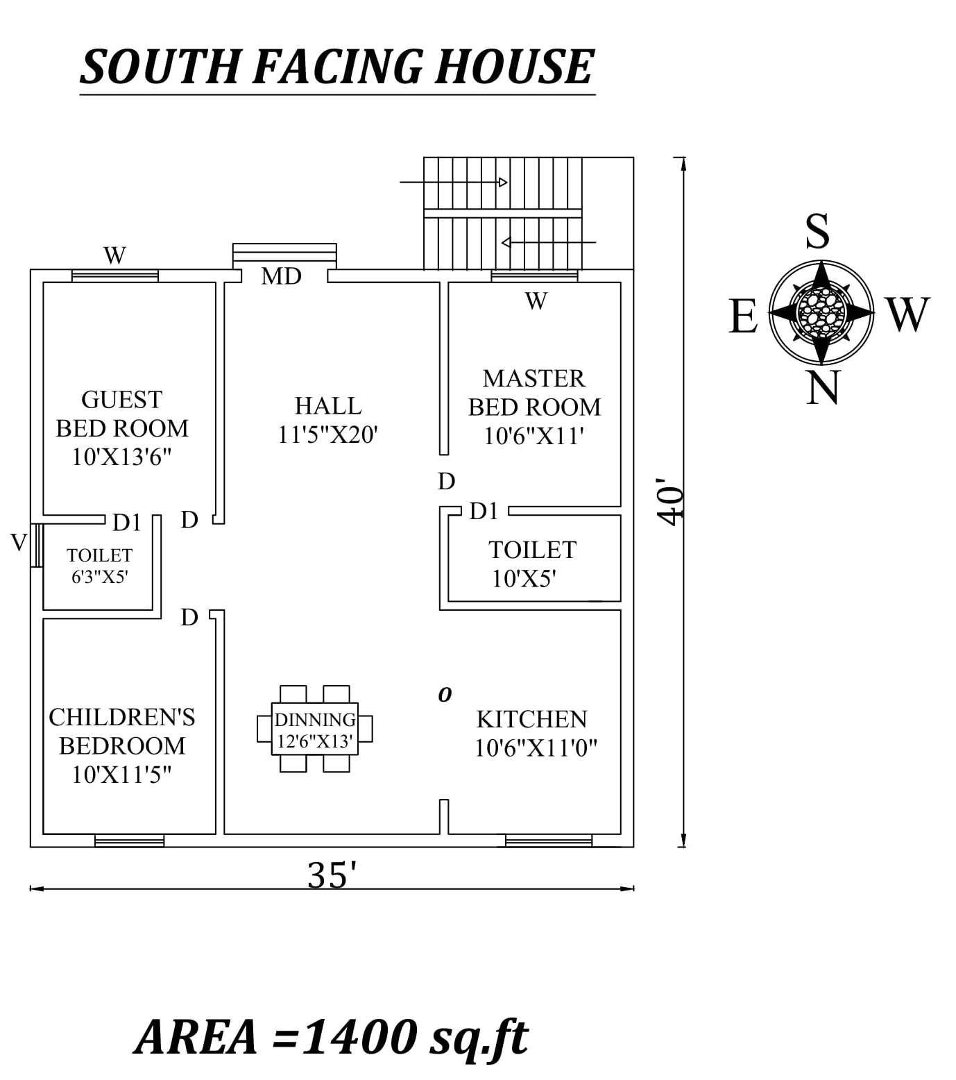 35'X40' 3bhk South facing House Plan As Per Vastu Shastra,Autocad DWG and Pdf file details.