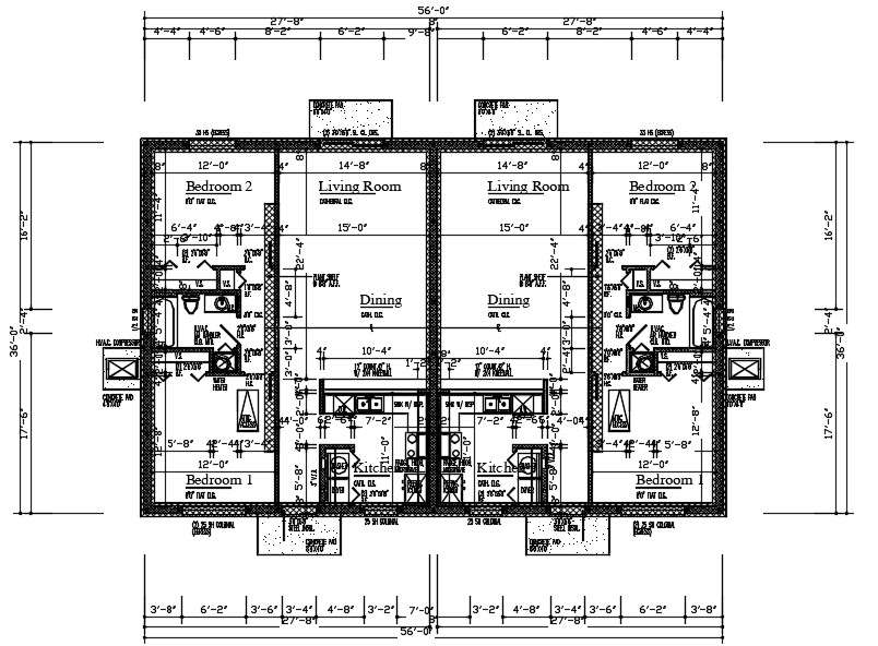 36'X56' Joint House 2 BHK Plan CAD Drawing DWG File