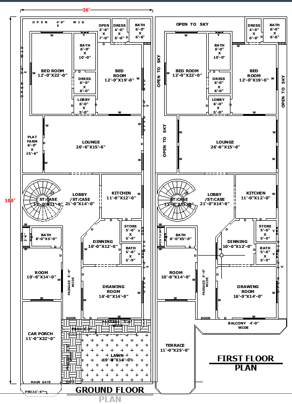 36'x100' Architectural House Plan with AutoCAD DWG Design