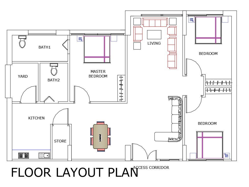 3 BHK House Layout Plan AutoCAD Drawing Download DWG File