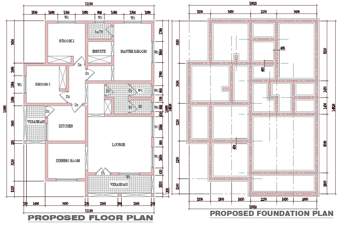 3BHK House Floor Plan with Foundation in AutoCAD Format