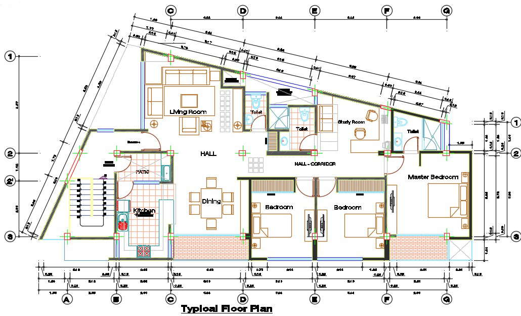 3 BHK Typical Floor Plan With Furniture Layout Plan Drawing DWG File