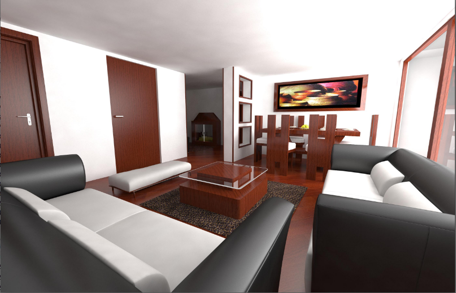 3D view of living and dining area 
