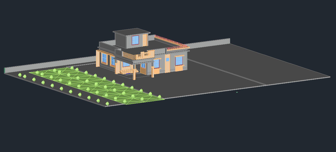 3D view of the house is given in this 2D Autocad drawing file. Download the Autocad file.